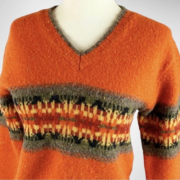 Vintage Eddie Bauer 90s Grunge Nirvana Fair Isle Burnt Orange Wool Petite Small - Picture 1 of 9